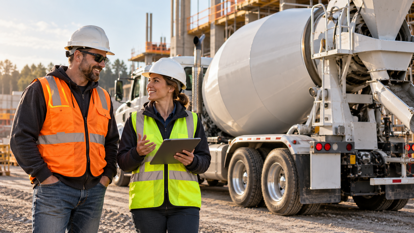 Concrete professionals beside a ready-mix concrete mixer truck.